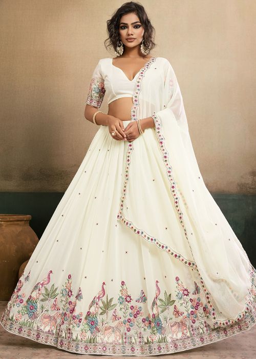 Off White Georgette Lehenga Choli With Floral Work