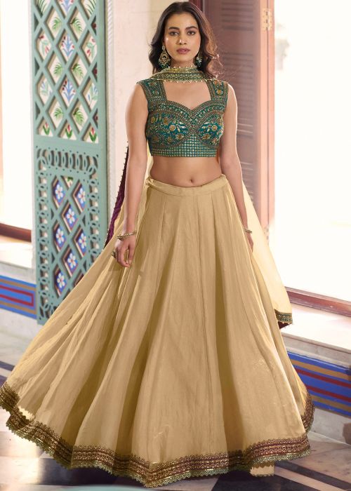 Beige Art Silk Lehenga Choli With Zari Embroidery