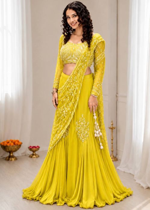 Yellow Chiffon Lehenga Choli With Bead Work