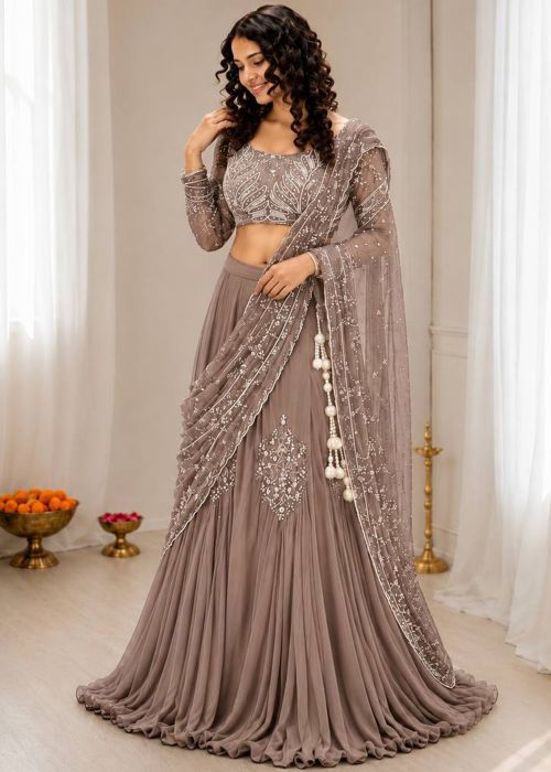 Brown Chiffon Lehenga Choli With Thread Embroidery
