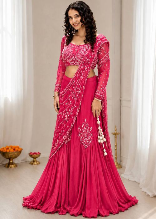 Pink Chiffon Lehenga Choli With Bead Embroidery