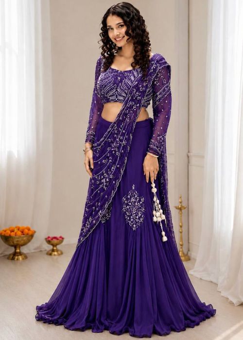 Purple Chiffon Lehenga Choli With Thread Work