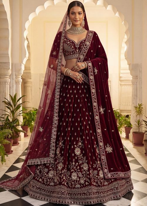 Maroon Velvet Bridal Lehenga Choli With Zari Work