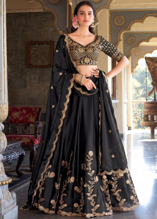 Black Art Silk Lehenga Choli With Gold Embroidery