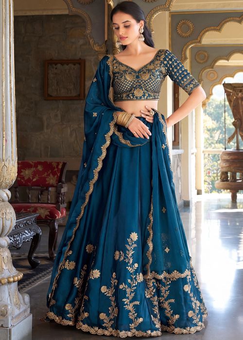 Teal Blue Art Silk Lehenga Choli With Sequins