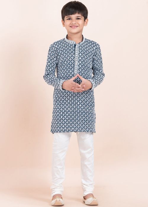 Readymade Blue Embroidered Kids Kurta Pajama