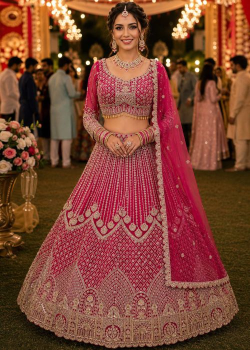 Pink Bridal Lehenga Choli With Zari Embroidery