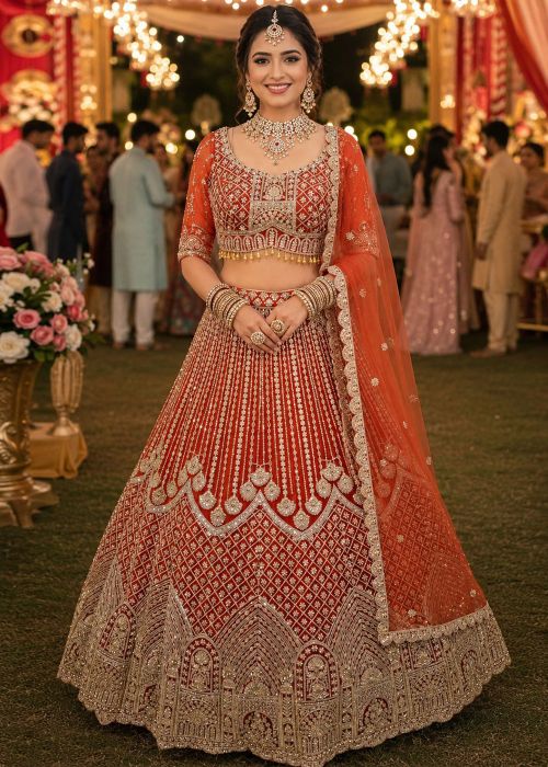 Orange Bridal Lehenga Choli With Sequins Work