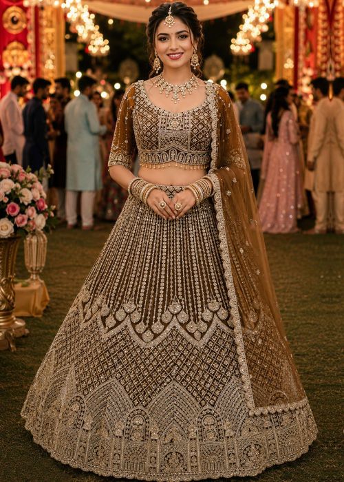 Brown Lehenga Choli With Beads Embroidery