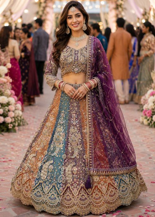 Multicolor Bridal Net Lehenga Choli With Handwork