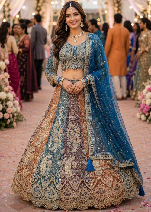 Multicolor Bridal Net Lehenga Choli With Embroidery