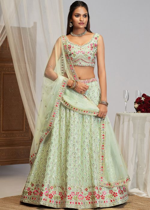 Pastel Green Georgette Lehenga Choli With Floral Zari