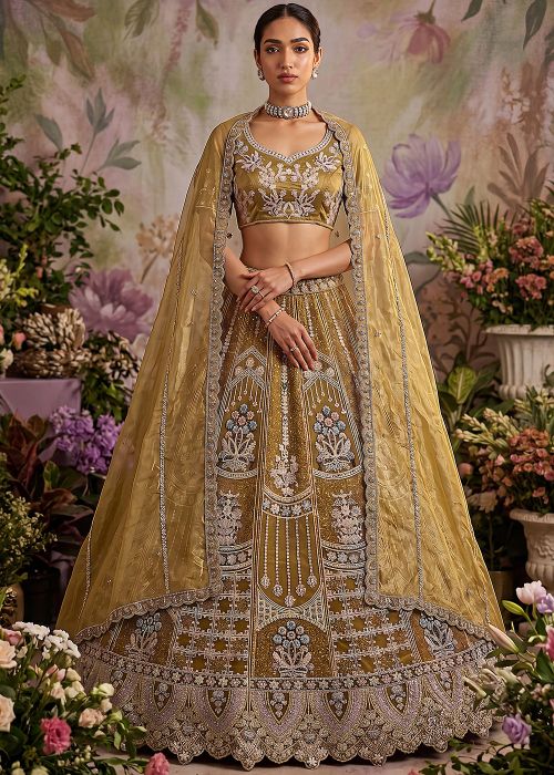 Mustard Yellow Net Lehenga Set With Dori Work
