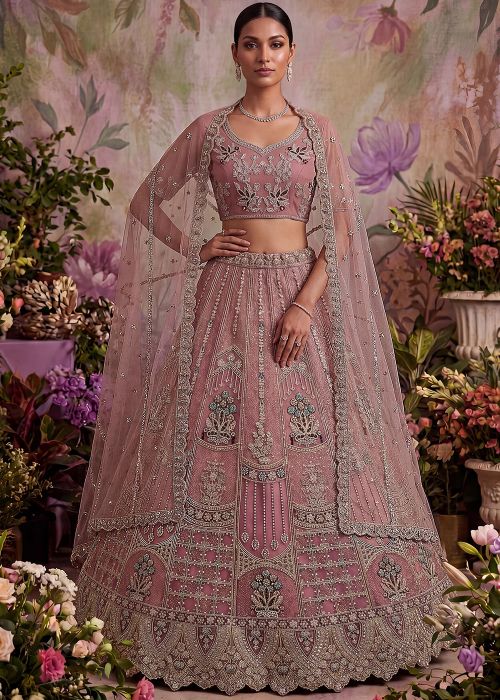 Dusty Rose Net Lehenga Choli With Dori Accent