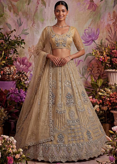 Golden Embroidered Net Lehenga Choli