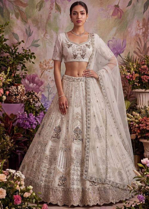 Off White Bridal Net Lehenga Choli With Dori Work