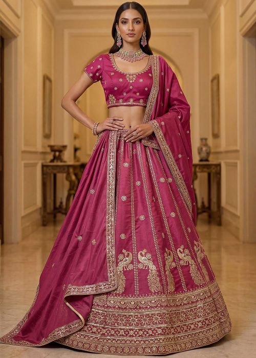 Pink Silk Lehenga Choli With Peacock Zari