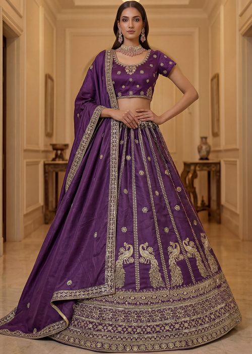Purple Silk Lehenga Choli With Zari Border
