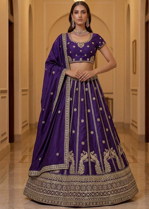 Deep Purple Silk Lehenga Choli With Peacock Motifs