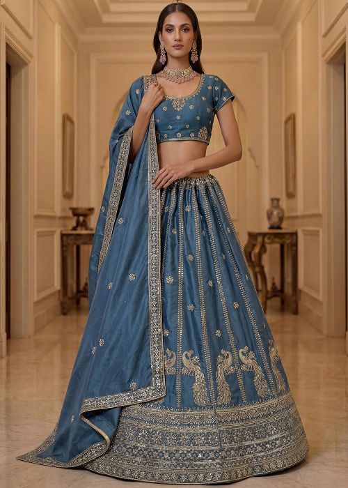 Dusty Blue Silk Lehenga Choli With Zari Accents