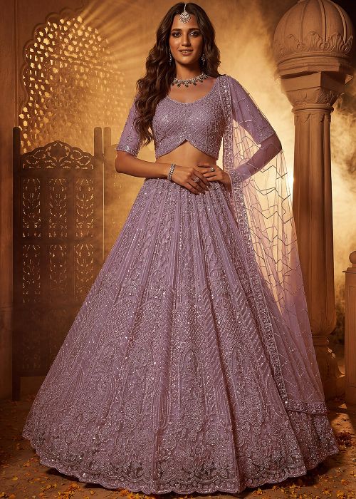 Lavender Net Lehenga Choli With Bead Embroidery