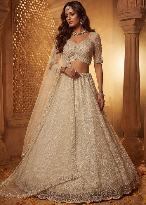 Beige Net Lehenga Choli With Sequin Work