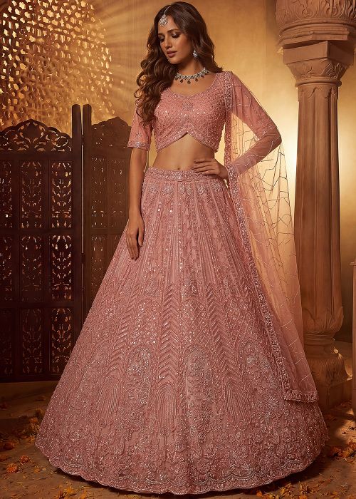 Peach Net Lehenga Choli With Thread Embroidery