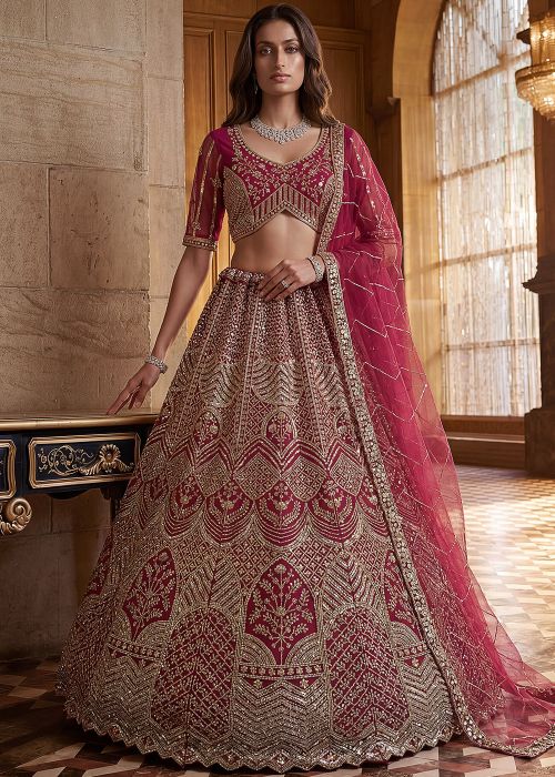 Rani Pink Net Lehenga Choli With Bead Work