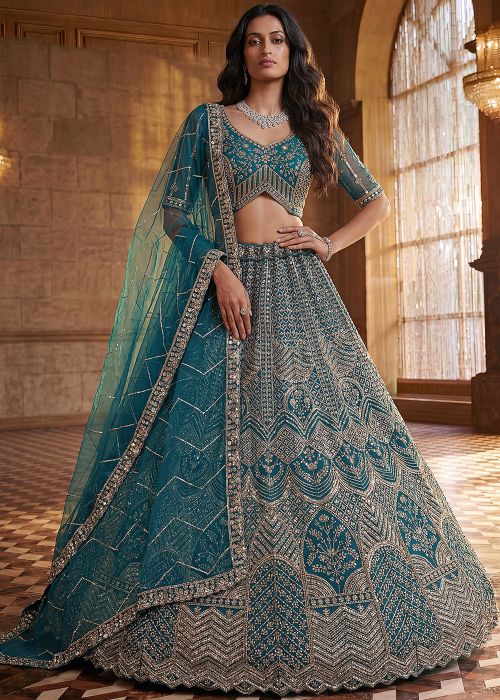 Teal Blue Net Lehenga Choli With Sequin Detailing