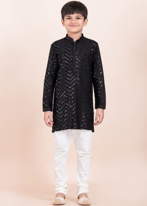 Readymade Black Sequins Kids Kurta Pajama Set