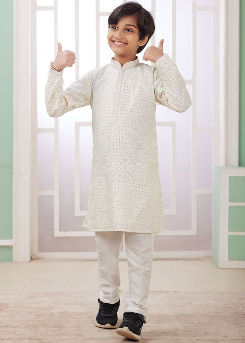 Readymade Cream Embellished Kids Kurta Pajama