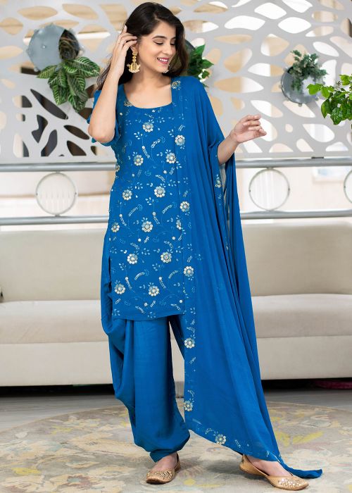 Blue Readymade Chanderi Punjabi Suit