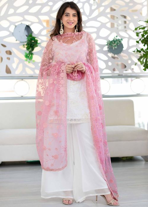 White Readymade Palazzo Suit With Embroidered Dupatta