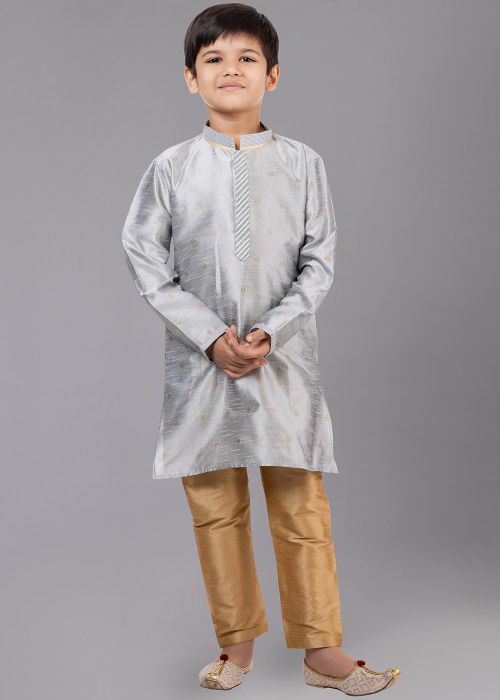 Grey Readymade Kids Woven Kurta Pajama Set