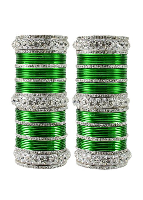 Green And Silver Stone Studded Bridal Bangle Set