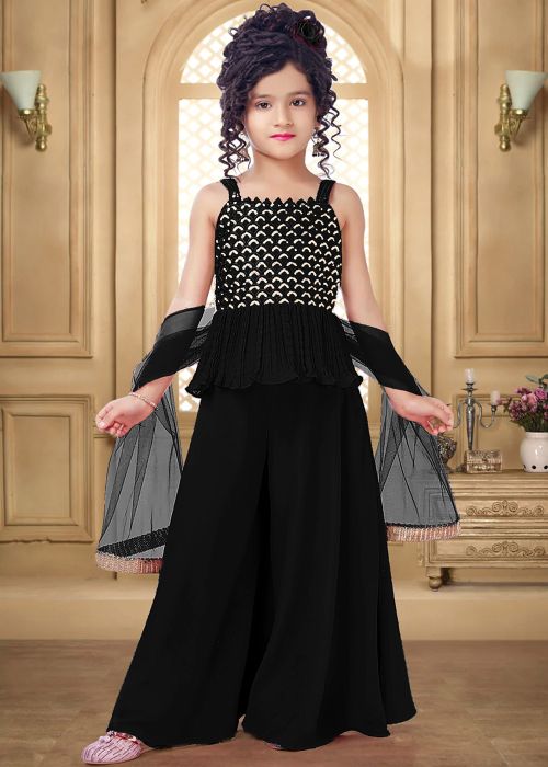 Readymade Black Embroidered Sharara Suit For Kids