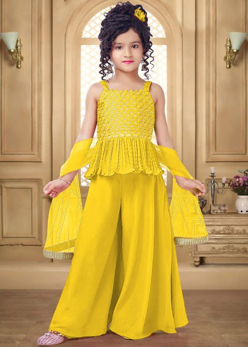 Readymade Yellow Embroidered Kids Sharara Suit