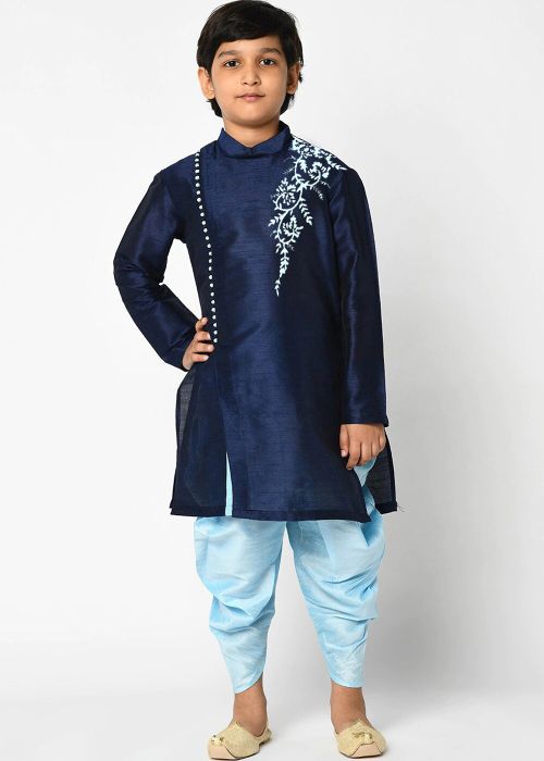 Blue Embroidered Kid Dhoti With Kurta