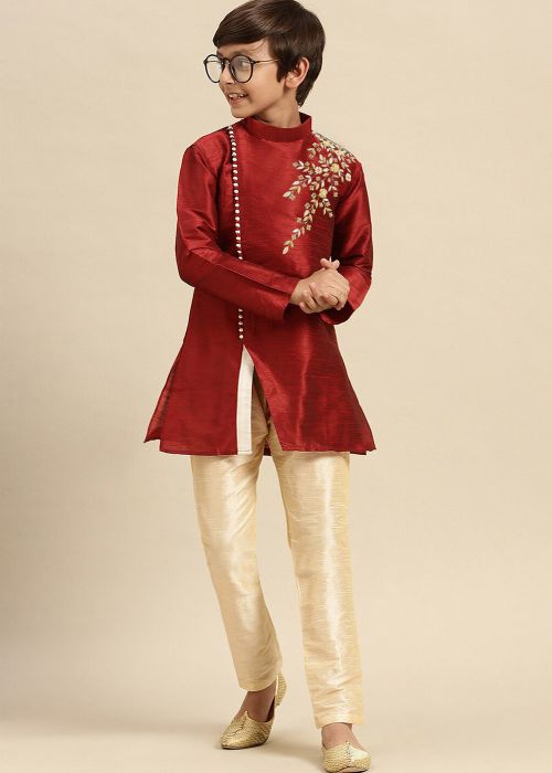 Red Embroidered Kid Indo Western Sherwani