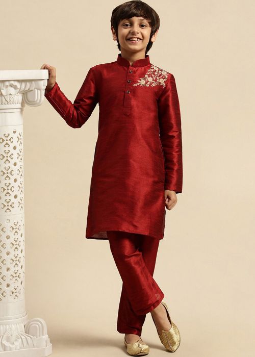 Maroon Embroidered Kid Kurta Pajama