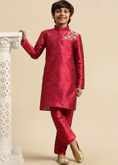 Red Embroidered Kid Kurta Pajama