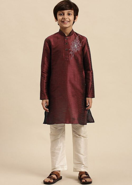 Brown Embroidered Kid Kurta Pajama In Dupion Silk