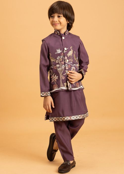 Purple Embroidered Kid Kurta Pajama With Nehru Jacket