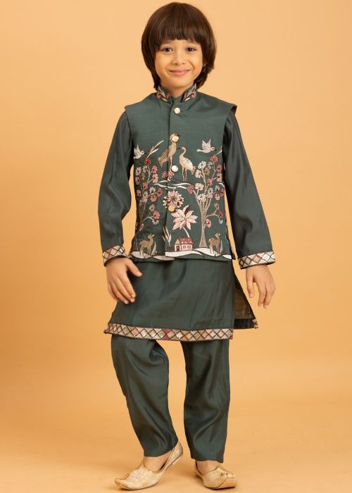 Green Embroidered Kid Kurta Pajama & Nehru Jacket