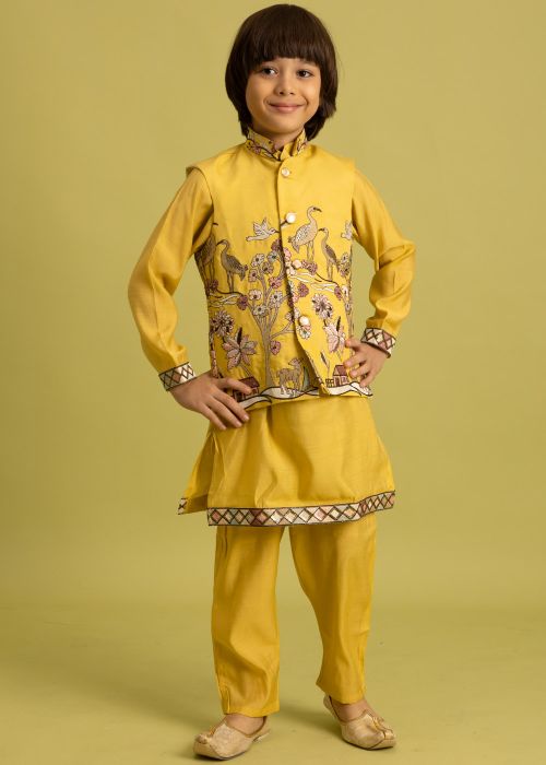 Yellow Embroidered Kid Kurta Pajama With Nehru Jacket