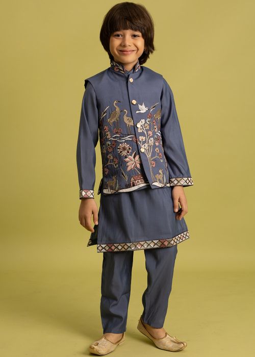 Blue Embroidered Kid Kurta Pajama With Nehru Jacket