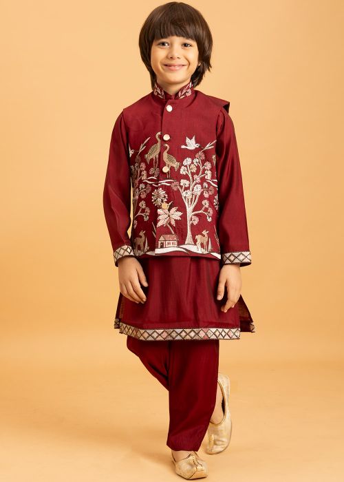 Red Embroidered Kid Kurta Pajama & Nehru Jacket