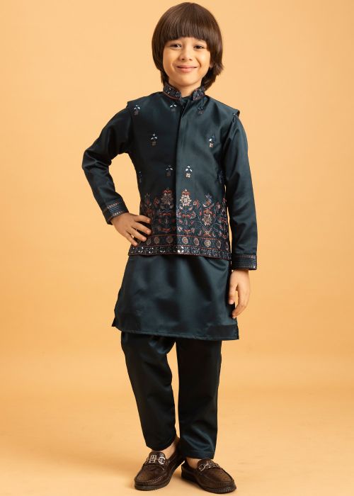 Dark Green Kids Kurta Pajama With Embroidered Jacket