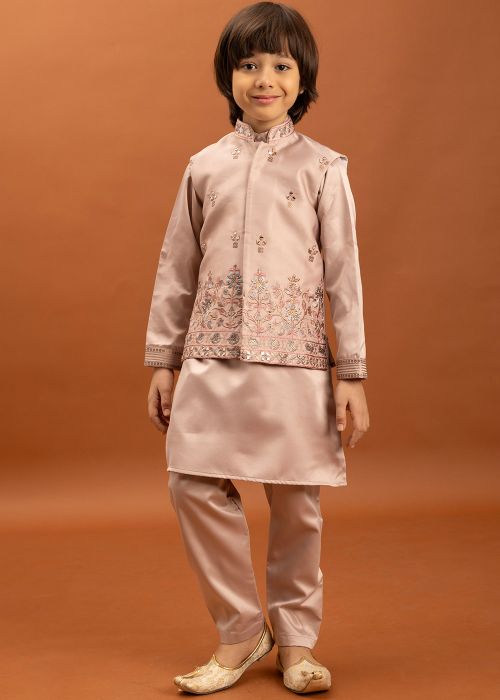Peach Kids Kurta Pajama With Embroidered Jacket