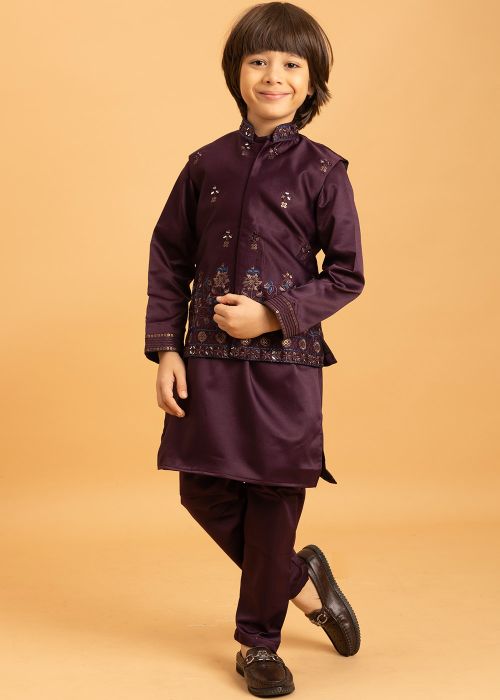 Purple Kids Kurta Pajama With Embroidered Jacket